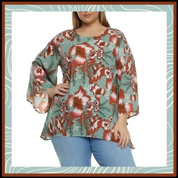 MILLENIUM ☆ SEAFOAM GREEN & RUST ☆ SHARKBITE ☆ FLORAL TUNIC TOP ☆ NIP - Picture 1 of 11
